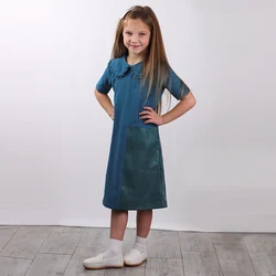 Girls dress summer short sleeves and long sleeves blue denim with leather girl dresses children clothing dress round picot neck