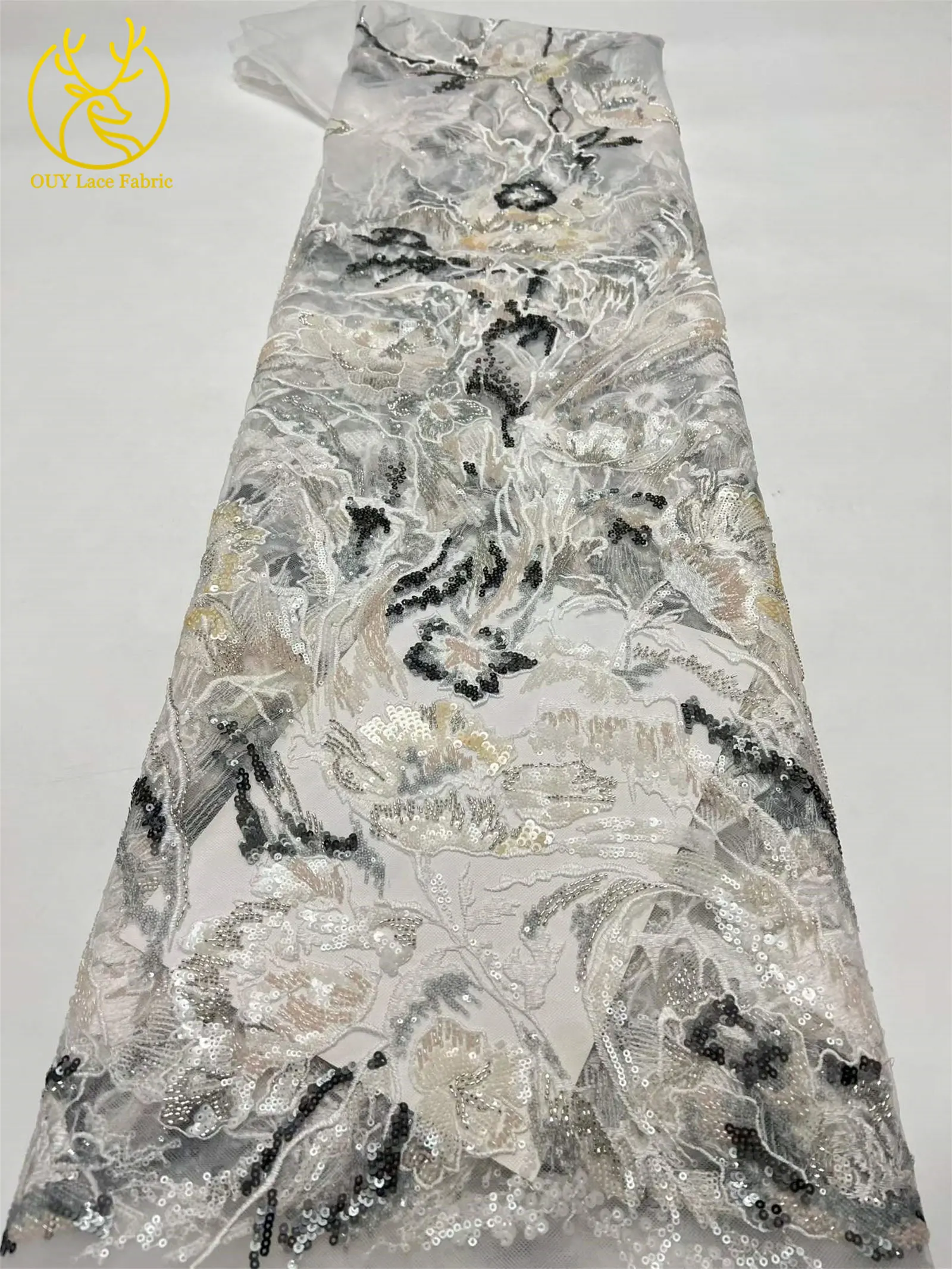 Neues Design Afrikanische Stickerei Pailletten Spitzenstoff 2026 Luxuriöse Französische Nigerianische Perlen-Spitze für Braut- und Partykleider 5 Yards – Detail 18