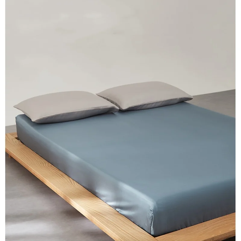 1pc Solid Blue Fitted Sheet Lyocell Silky Bed Sheet Smooth Skin-friendly Plain Home Hotel Mattress Cover with 360 Elastic Band