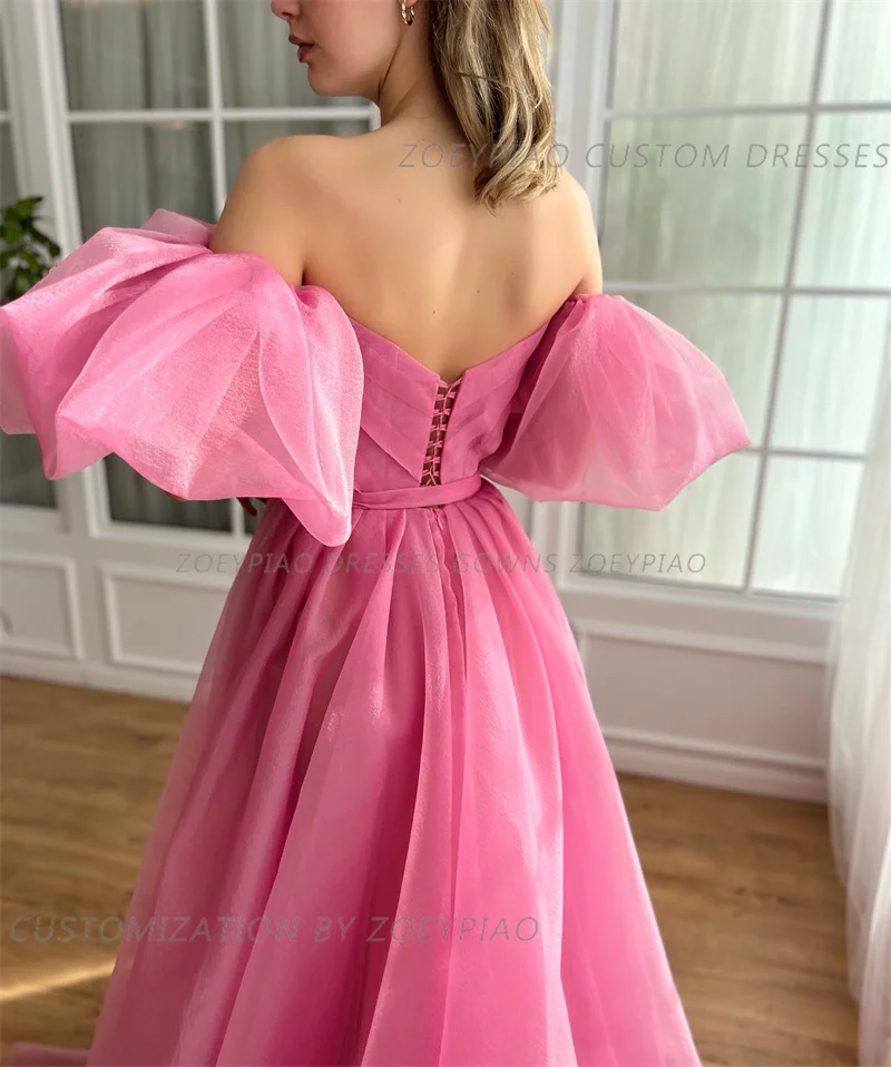 Roze Organza A Line Prom Jurken Korte Mouwen Vrouwen Off Shoulder Liefje Avondjurken Met Strik Gelegenheid Formele Feestjurk