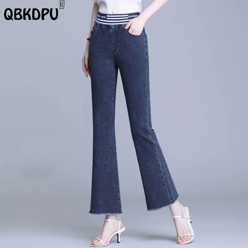 

Mom's Patchwork Slim Flare Jeans 2022 Fashion Elastic Waist Denim Pants Women Elegant Ankle Skinny Bell-Bottom Jeans 91-94cm