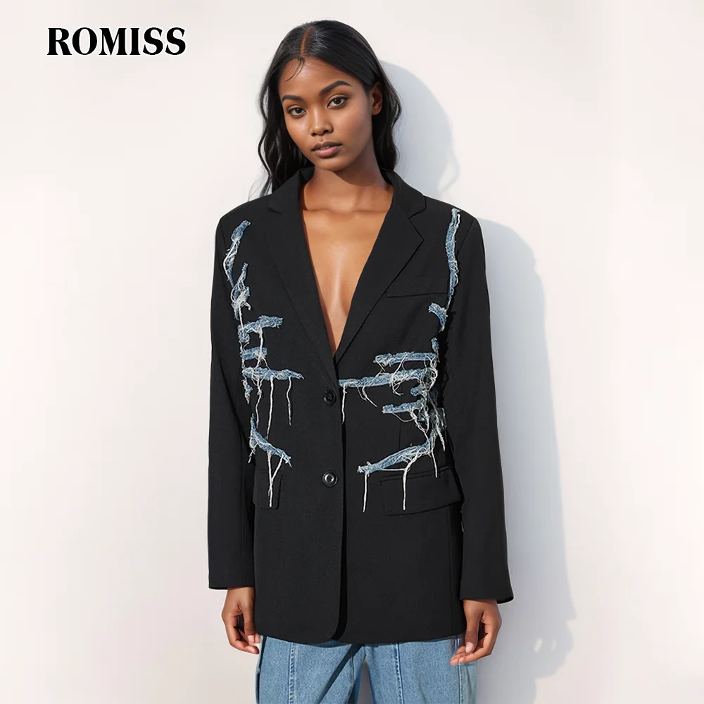 ROMISS Hit Color Patchwork Denim Loose Bazer For Women Notched Long Sleeve Spliced Button Temperament Blazers Female Fashion