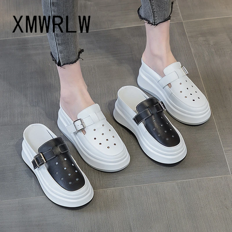 

XMWRLW Women's Summer Genuine Leather Platform Slippers High Heels Women Wedges Shoes Female Half Shoes Woman Summer Slippers