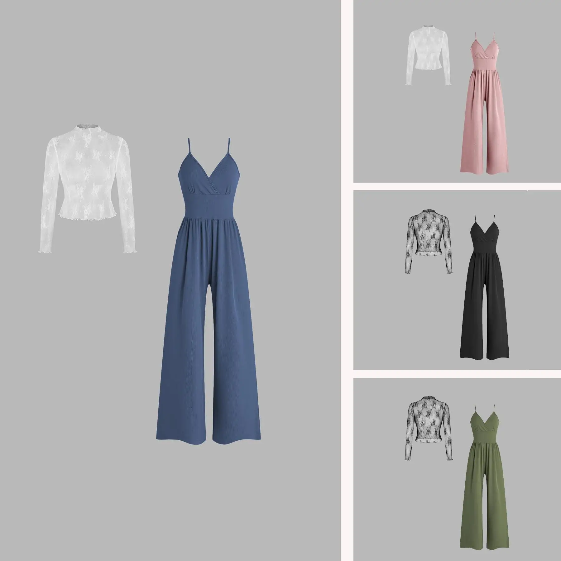 

Elegant Lace Long Sleeve Camisole Jumpsuit Wide Leg Pants Collared Three Piece Set for Women Summer Fashion Outfit