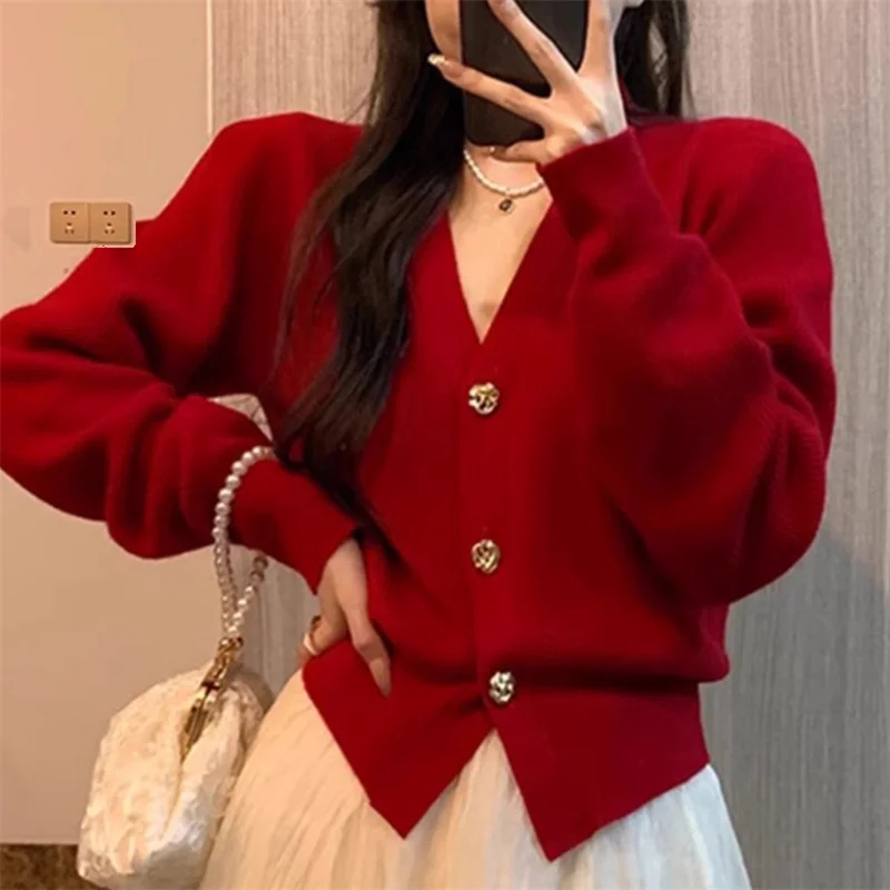 

Loose Casual Long Sve V-Ne Knitted Sweater Women's Cisas Red New Year Red Pure Color Korean Sle Age-Defng