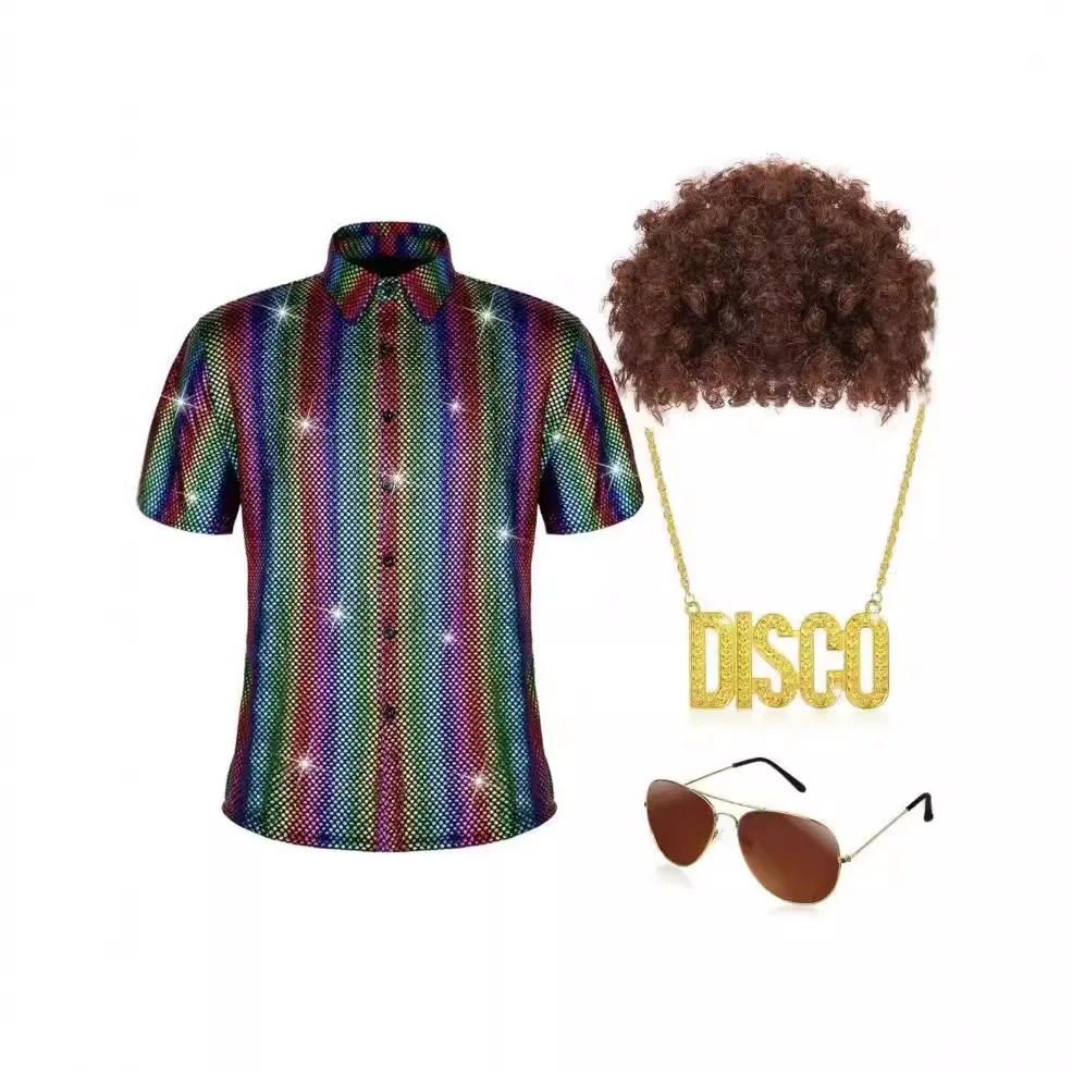 70s Disco Clothing Men's Metal Sequined Shirt Shiny Cosplay