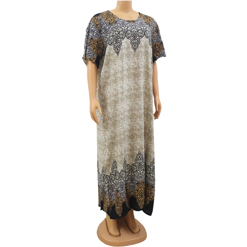 Traditional Printed Vintage Cotton Beige Print O-Neck Short Sleeve Summer African Women Dresses with Scarf