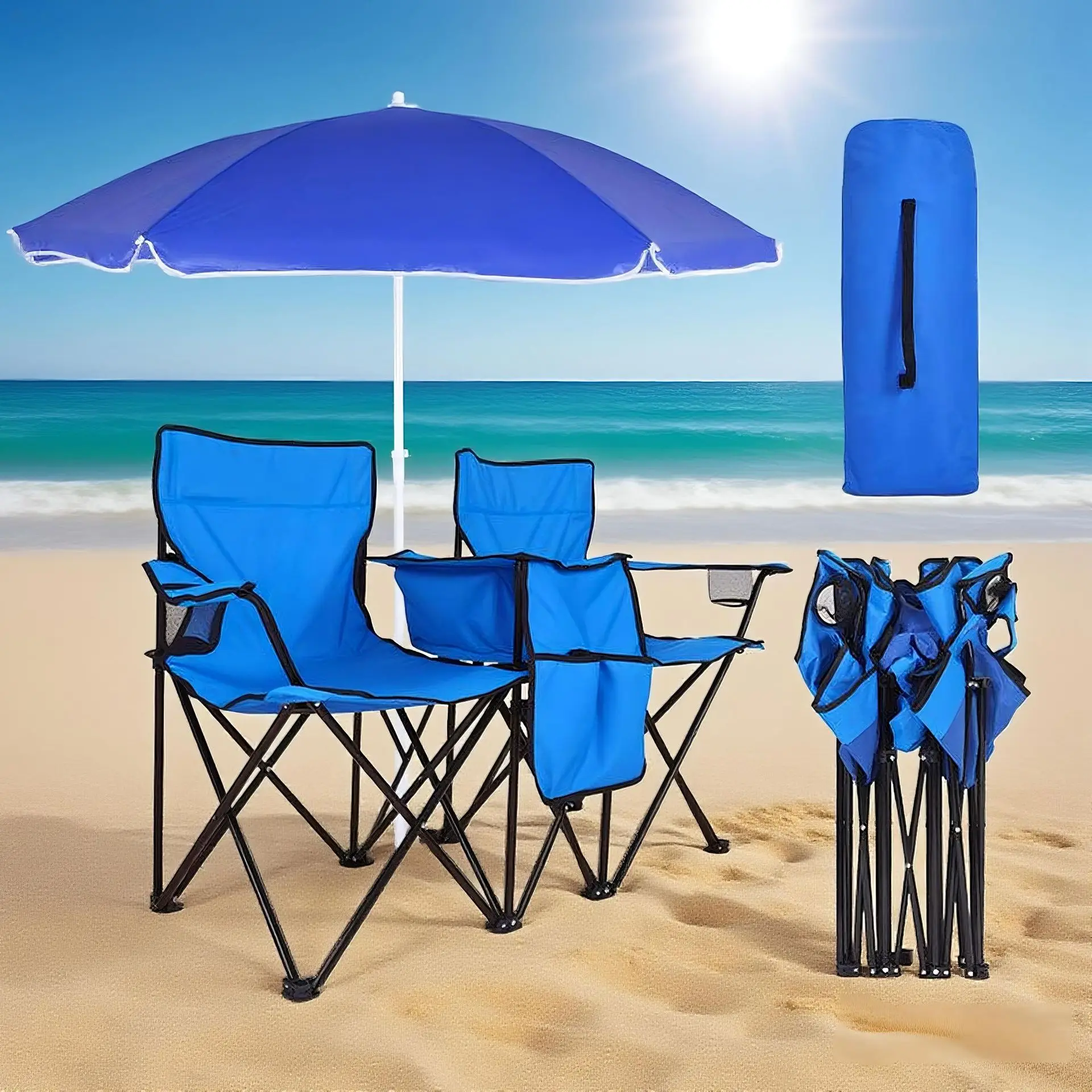 Высококачественные складные шезлонги с двумя сиденьями и зонтиком, портативная уличная мебель для путешествий в саду