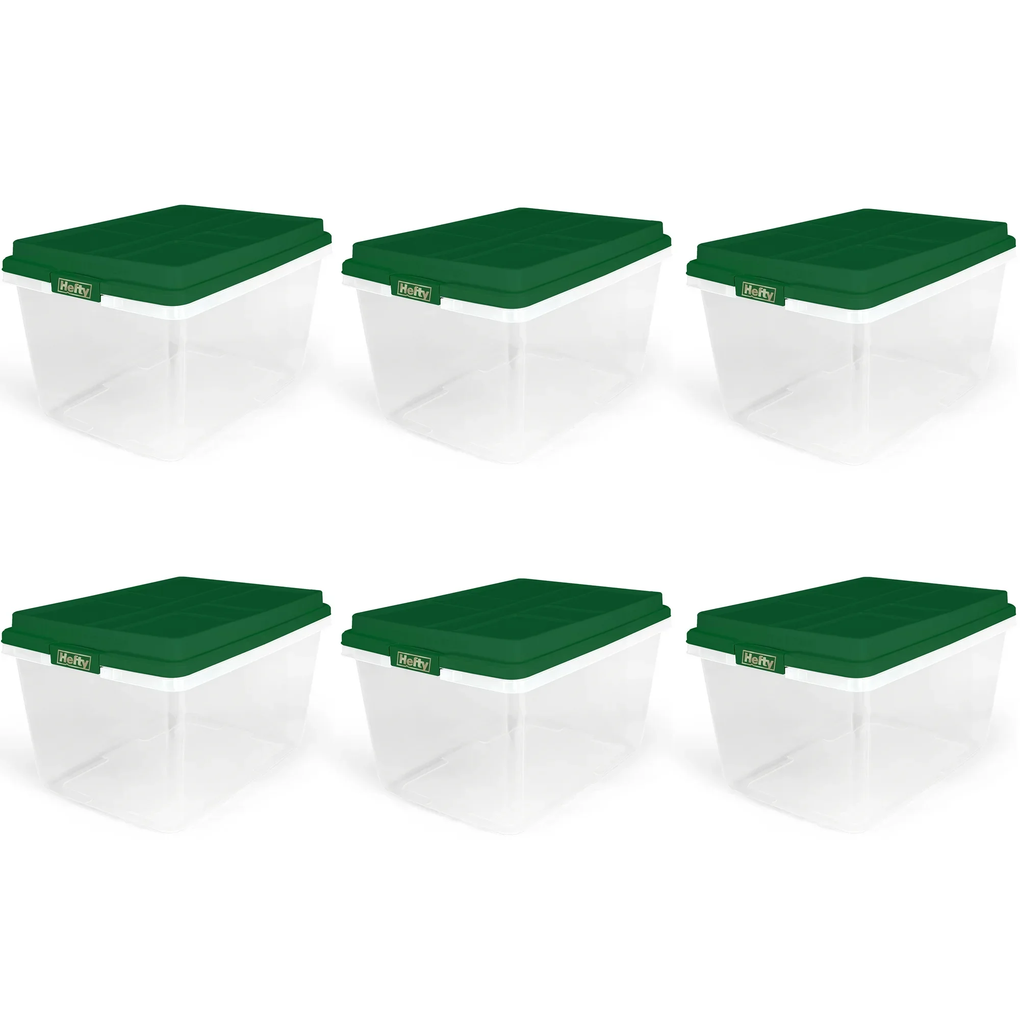 

72 Quart Clear Plastic Christmas Storage Bin with Green HIRISE Lid Set of 6 Holiday Organizer for Home Garage