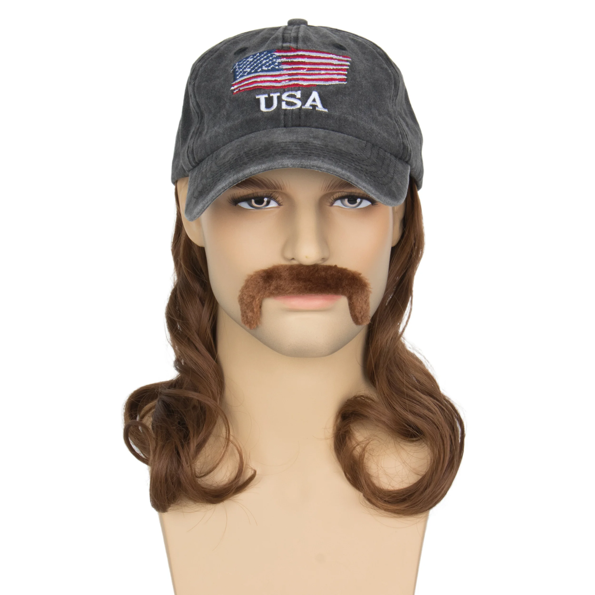 Miss U Hair Mullet Hat Wig with Mustache 4th of July Hair Accessories Mens 80s Brown Hat Wig Party