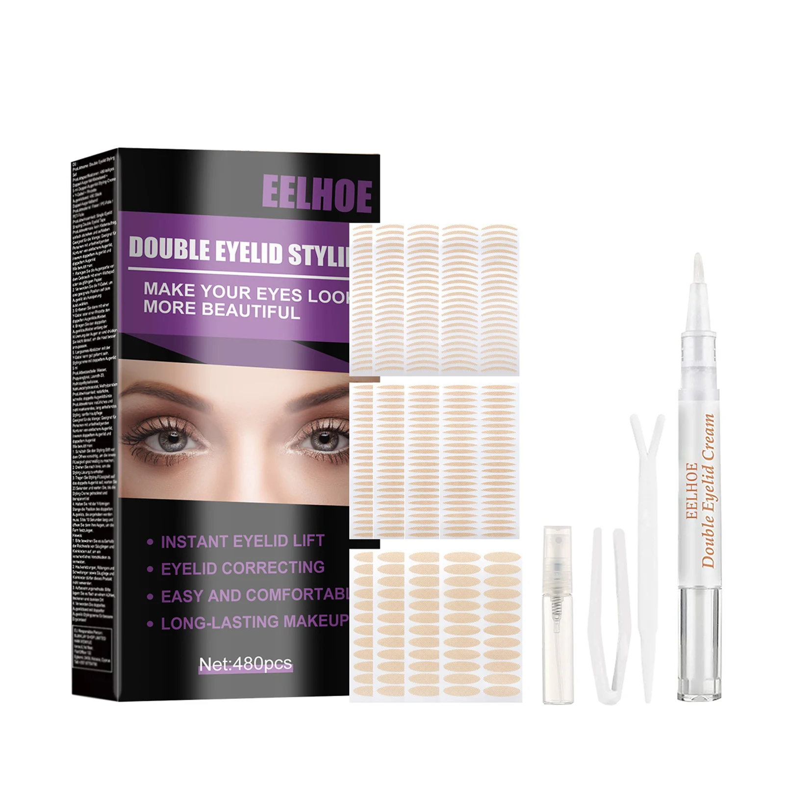 Double Eyelid Styling Set, Droopy Eyelid Adesivos, Big Eye Tools com garfos e pinças