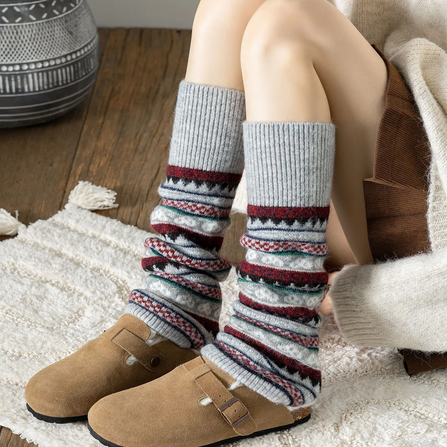 Bohemian Heart Pattern Knitted Leg Warmers Over The Knee Boot Cuffs Yoga Dance Ballet Socks, Winter Warm Knitwear Gifts Women​