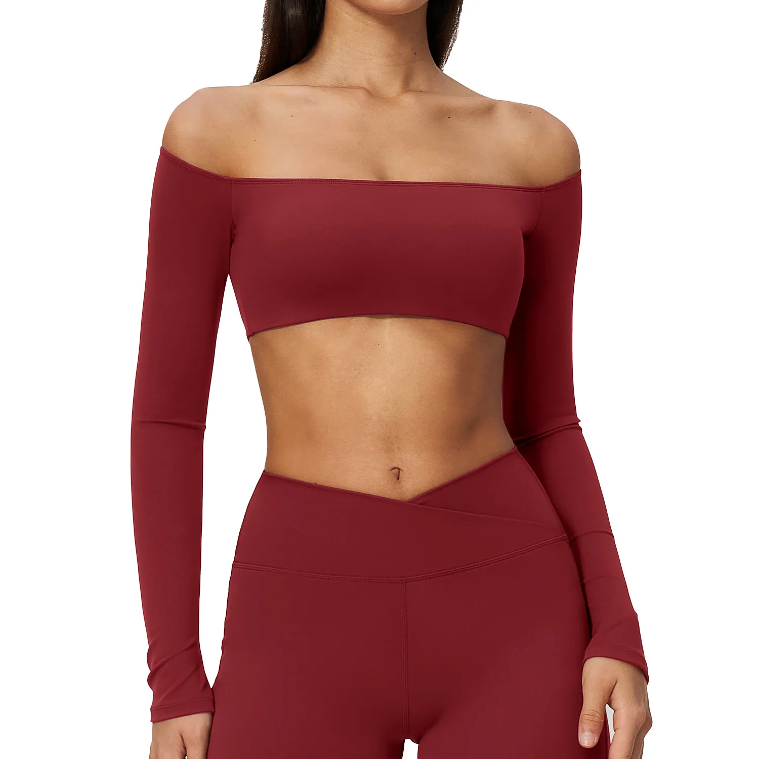 Women Off Shoulder Long Sleeve Yoga Top Slim Fit Crop Top Stretch Sports Shirt Gym Pilates Workout Fitness Training Active Shirt