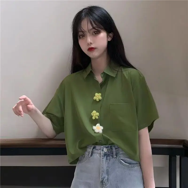 Women Summer Chic Floral Green Shirts 2023 New Lady Fashion Short Sleeve Top Mermaid Denim Skirts Two Piece Set Trendy Outfits