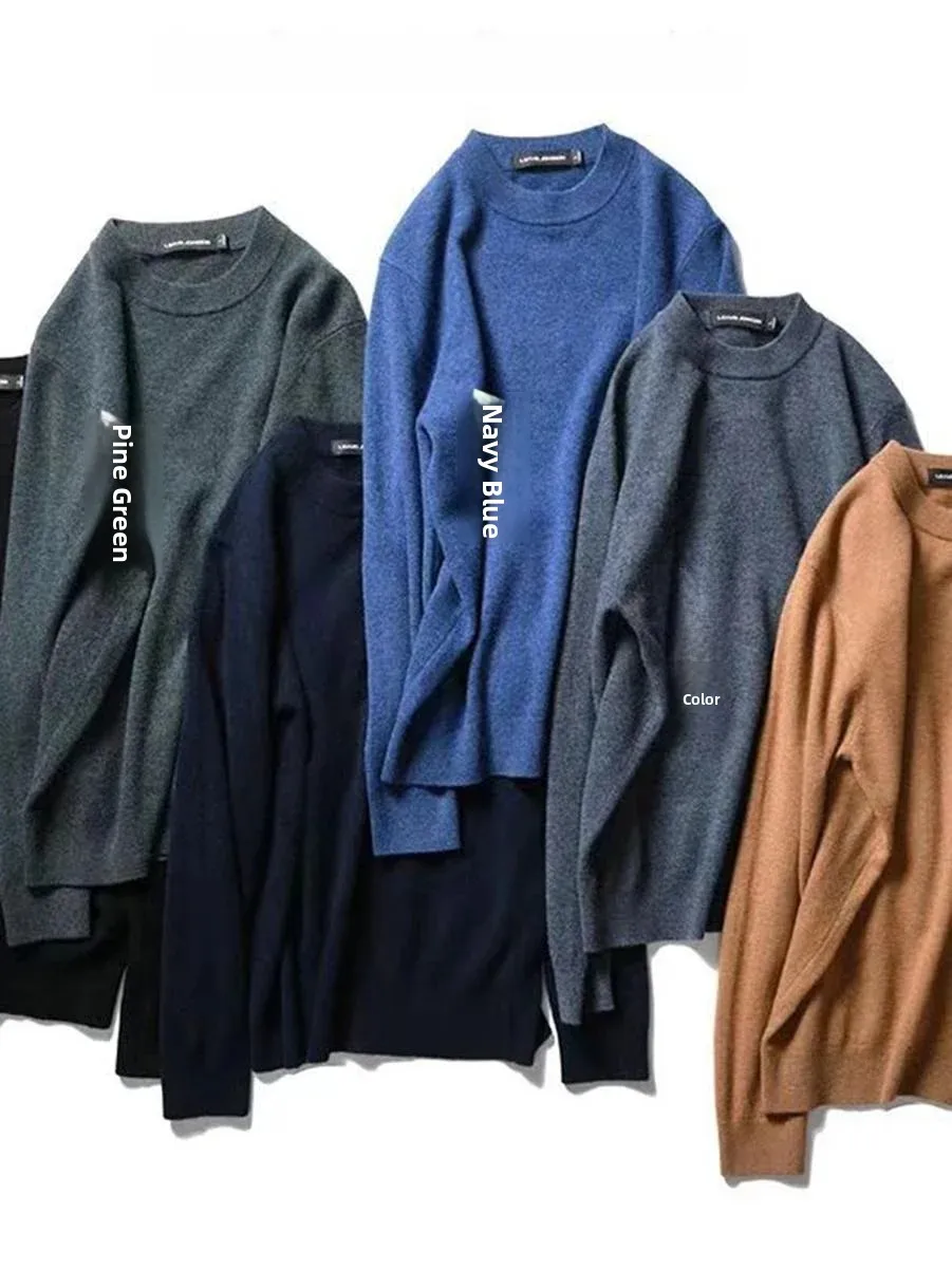 Italian Luxury 100% Wool Men's Fashionable round Neck Knitted Sweater Versatile Autumn Winter Basic Style Long Sleeve Crew Neck