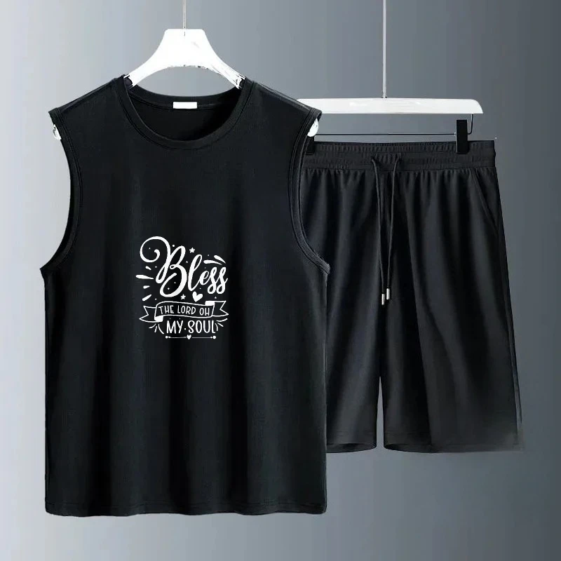 

2025 Men Thin Casual Set Vest Abstract English printing Trendy Summer Clothes Soft Material Easy to Match for Any Occasion suits
