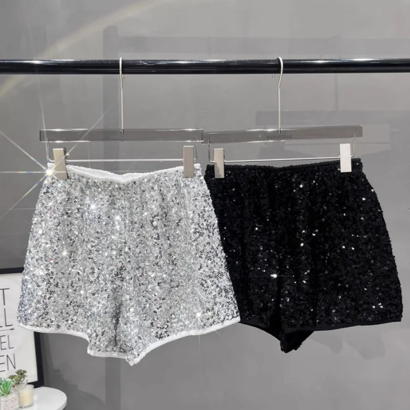 Damen-Shorts, modisch, elastisch, hohe Taille, locker, schlankmachend, weite Beine, glitzernde Pailletten-Hotpants, Damen-Shorts mit Stiefeln