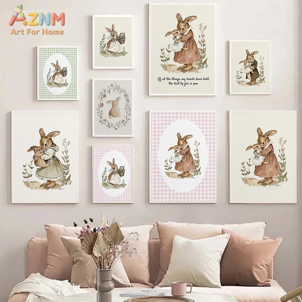 AZNM Vintage Peter Rabbit Mother Baby Bunny Frameless Canvas Wall Art, Cute Nursery Animal Print for Kids Room Decor