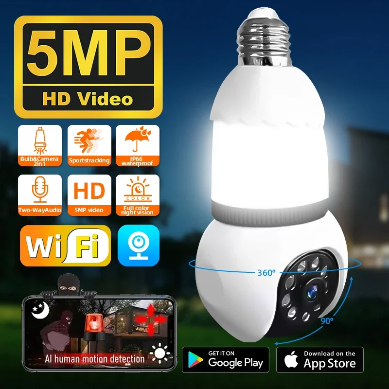 

5MP E27 Bulb indoor Camera Bulb&Camera 2in1 Wi-fi Two-way Security Surveillance CCTV Outdoor Security PTZ Cameras Smart Tracking