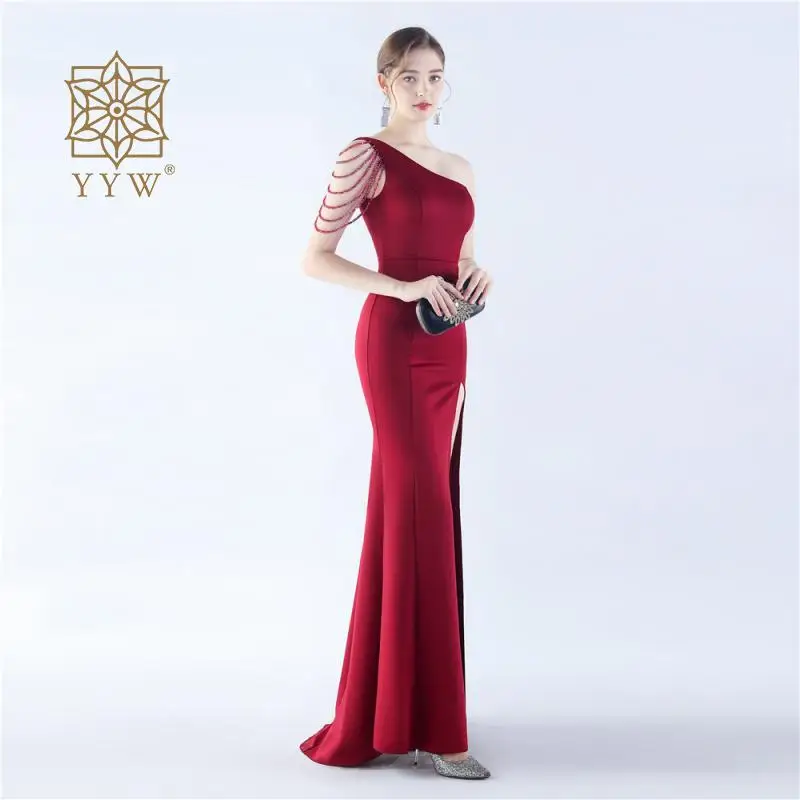 Formal Banquet Women Prom Dress Sexy Cocktail Evening Burgundy Beading Classic Dress Female Mermaid Gala Elegant Dress Side Slip