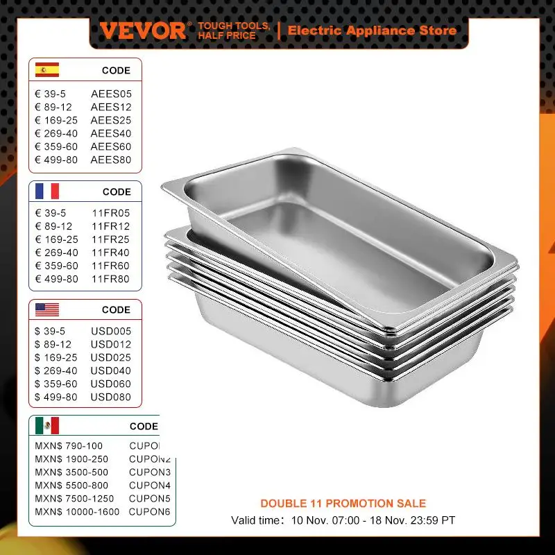 Vevor Buffet Chafing Schotels 8,5l-20l Gastronorm Pannen Stoomtafel Pannen Dienblad Rvs Voedsel