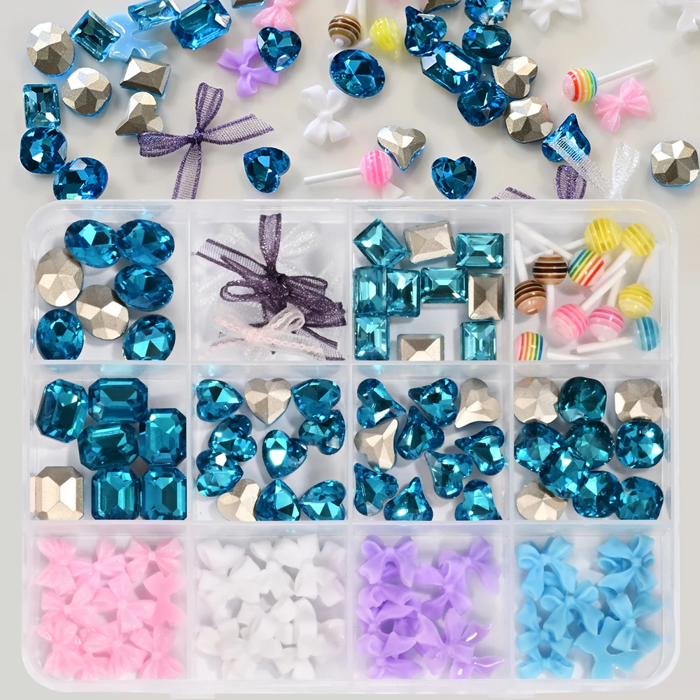 12grids 3D Glass Red Crystal Flatback Nail Rhinestones Mix Cherry Starwberry Bow Nail Jewels Multi Shapes Resin Nail Art Supplie