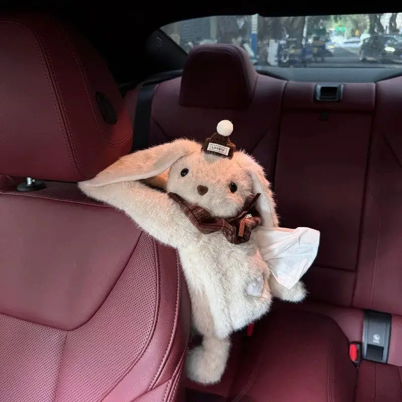 Plush Rabbit Tissue Box Holder Hanging Fluffy Bunny Napkin Organizer Car Back Seat Cartoon Animal Storage Cover For Kids Beige