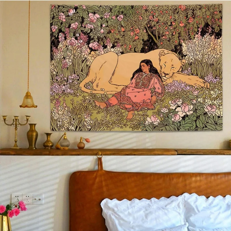 Nordic Girly Oilpaiting Plush Wall Hanging Tapestry Aesthetic Decor Bedroom Living Room Home Art Decorations Artwork Adornos