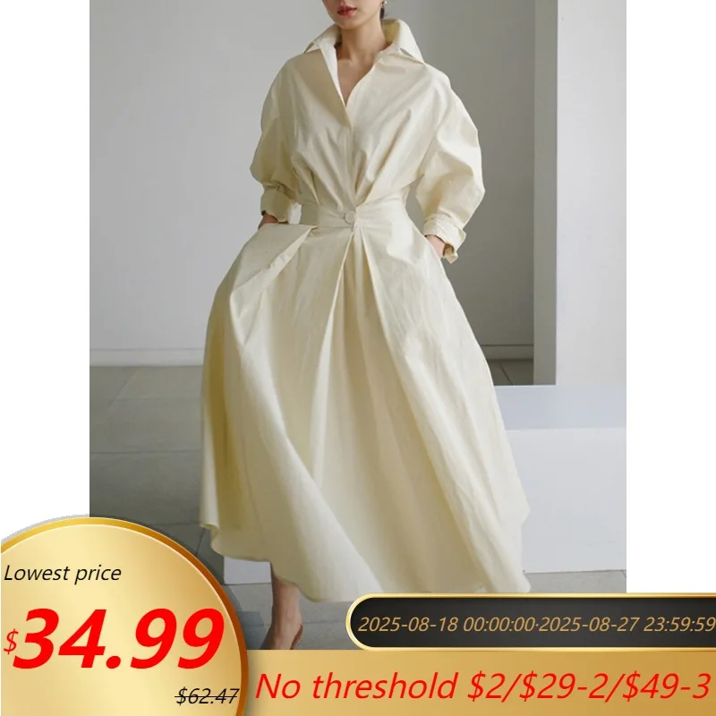 

Tinaa 100%Cotton Plus Size Dresses 2025 Pleated Solid Color Single Button Loose Fit Long Sleeves Lapel Long Dresses 183086