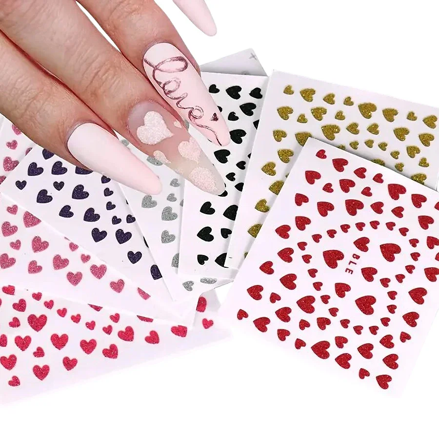 10Pcs 3D Nail Stickers with Glitter Powder Sweet Heart Nail Decals Gold Silver Black Sexy Red Nail Art Decorations