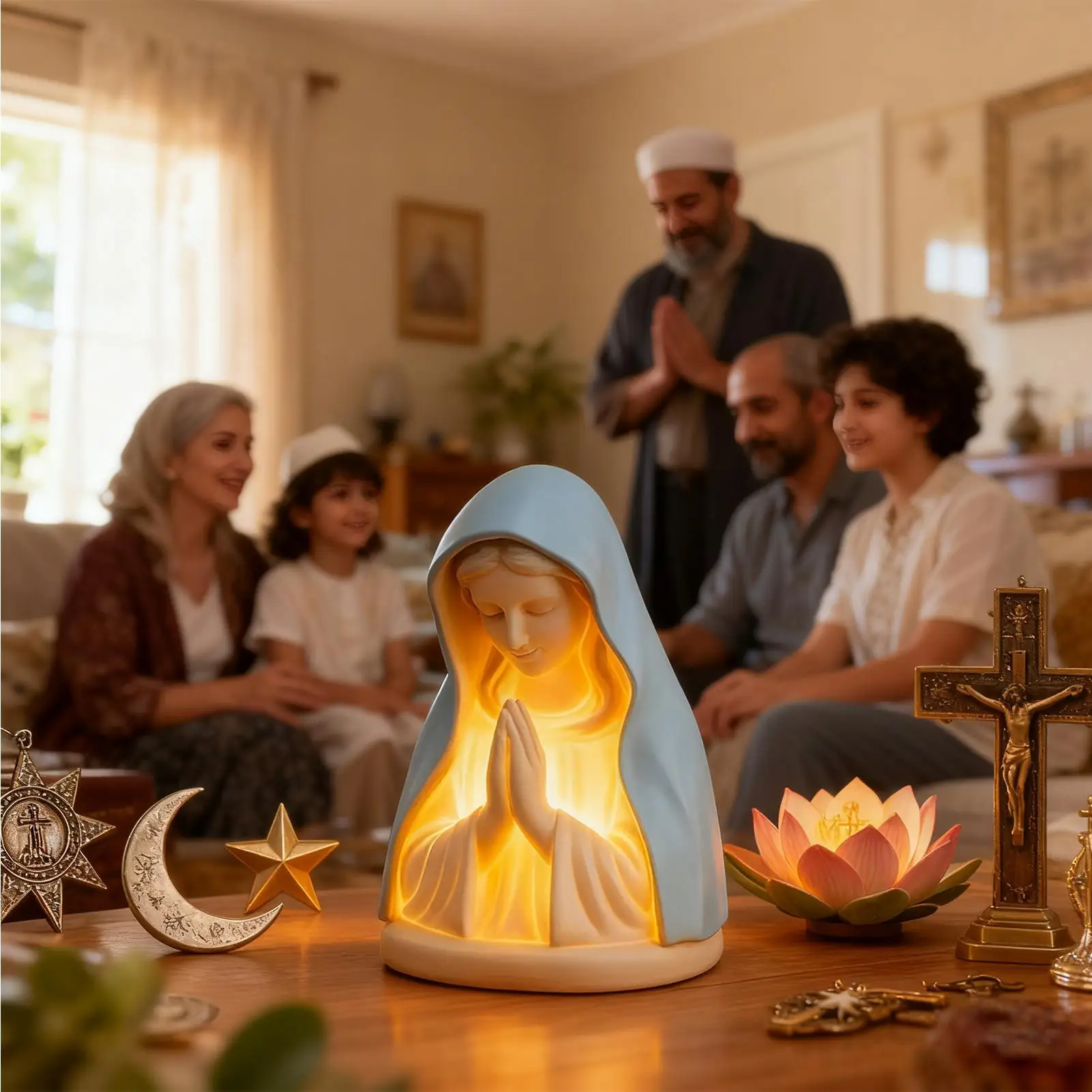 Virgin Mary Prayer Statue with Light Christian Prayer Lamp for Home Christian Decor Hand Painted Blessed Virgin Mary Statue