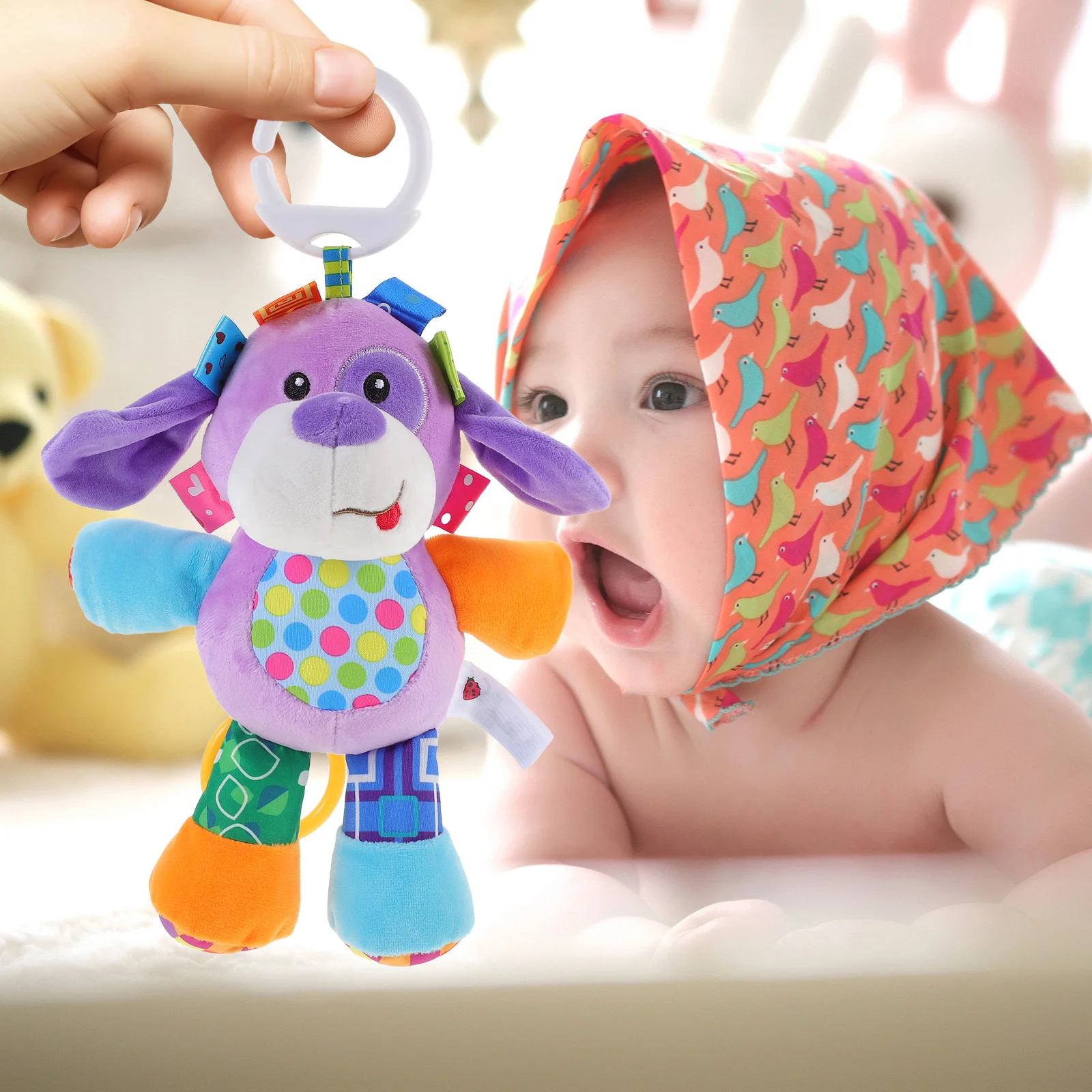 Cão ring-down pacificar berço do bebê educacional infantil recém-nascido desenvolvimento da primeira infância interativo sensorial agarrando sino chocalho