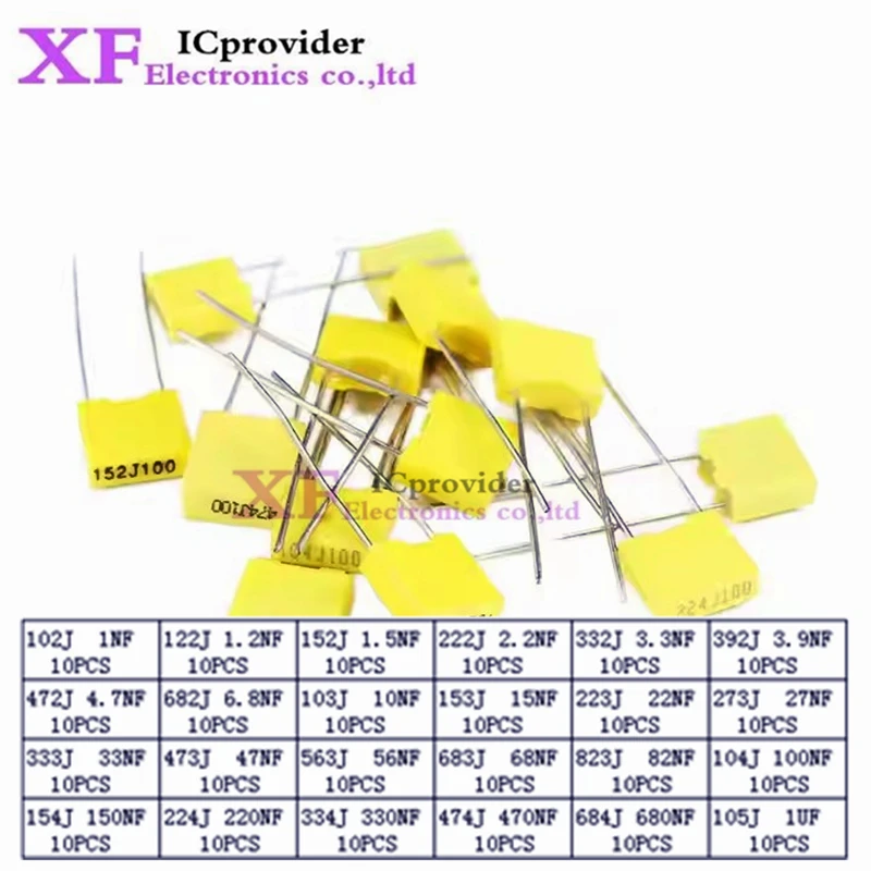 

240 шт. комплект корректирующих конденсаторов, 24 значения x 10 шт., 100 В, 102J-105J, набор полипропиленовых безопасных пластиковых пленочных конденсаторов