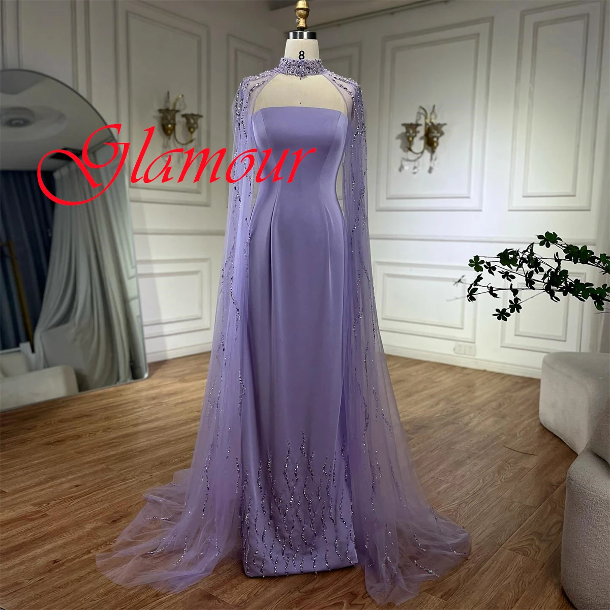 

Customized Delicate Light Purple Jersey Evening Dress Modern High Neckline Shawl Zipper Back Beading Special Occasion Gowns