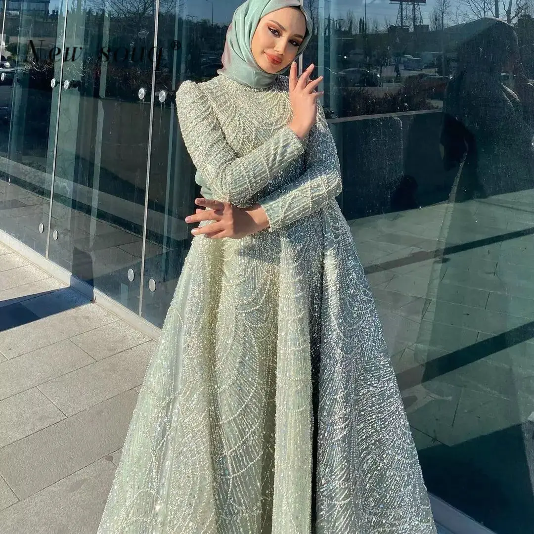 Puffy Sage Green Tea Length Heavy Beaded Evening Dresses Muslim Long Sleeves Elegant Wedding Guest Gowns for Women Party Prom