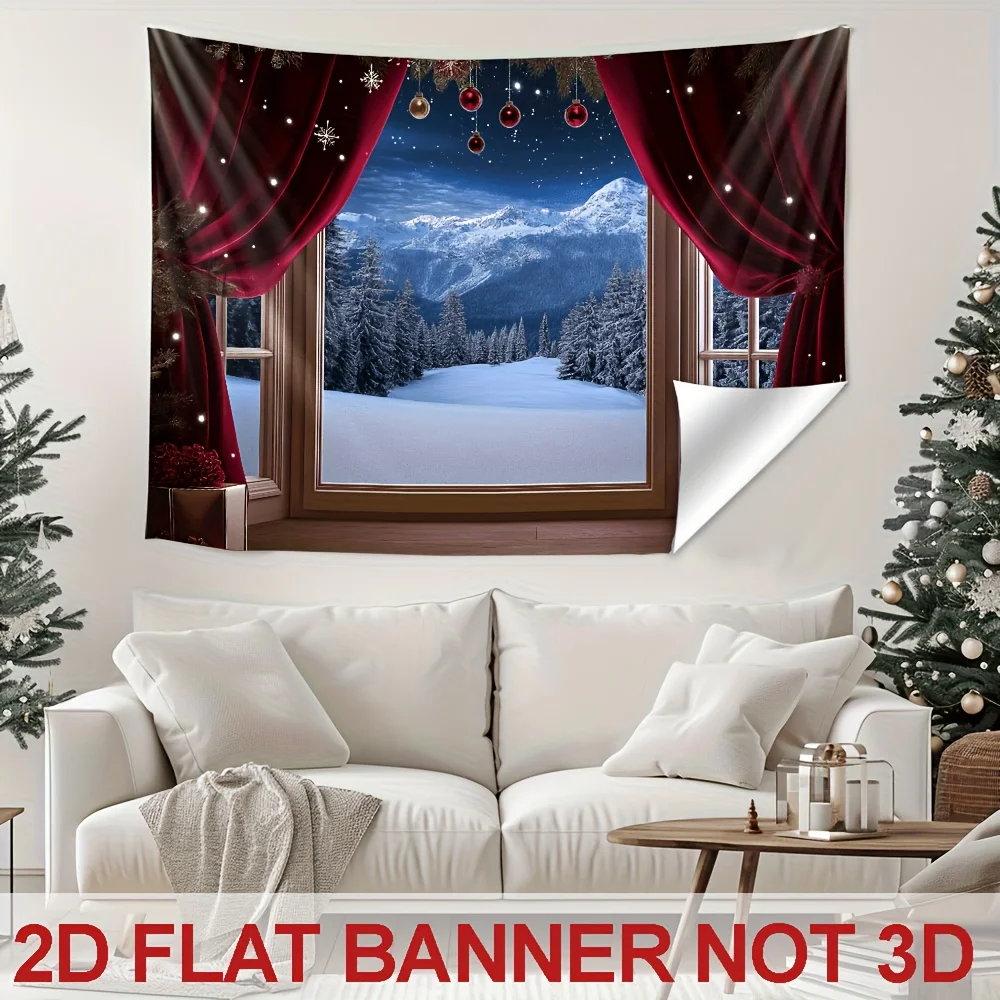 2D Flat Christmas Red Velvet Curtain Wall Tapestry Scenic Winter Landscape Backdrop New Year Festival Wall Hanging Decor For Liv