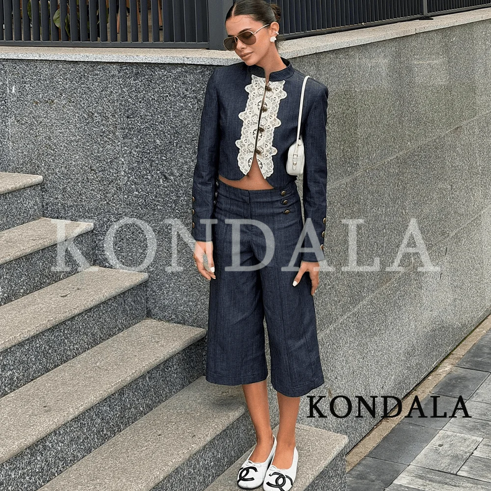 KONDALA Damen Schickes Vintage-Shorts-Set, Spitzenbesetzter Kurzblazer, Shorts mit Knopfbesatz, 2026 Frühherbst Trendiger Eleganter Pendleranzug – Detail 3