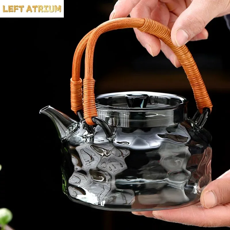 800ml Rattan Woven Handle Irregular Surface Heat-resistant Glass Teapot Boiling Flower Puer Oolong Tea Pot Kungfu Tea Set