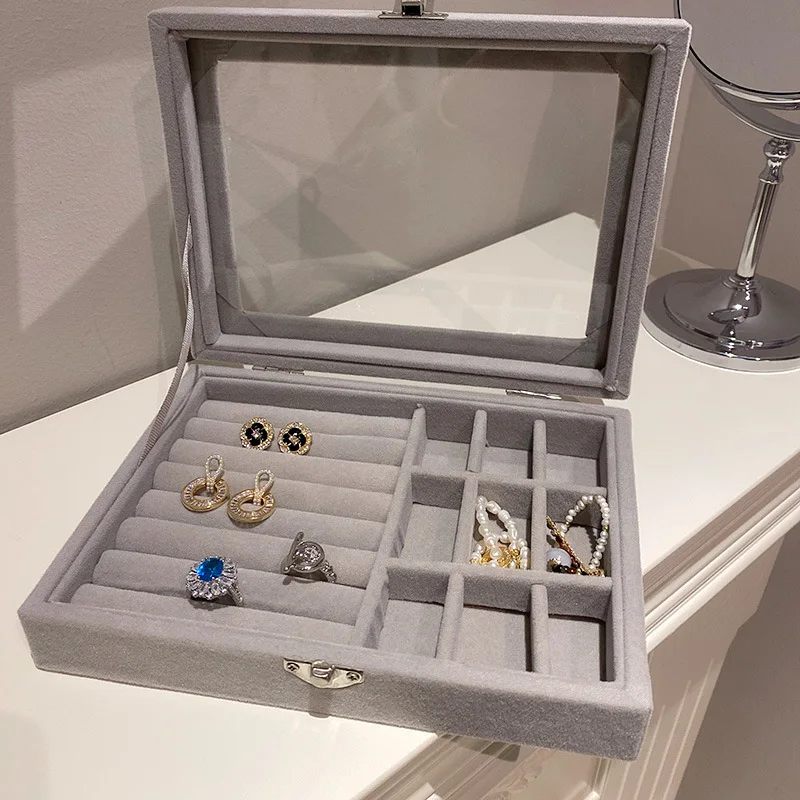 

Transparent Glass Earrings Bracelet Necklace Storage Box Grey Color Best Quality High Capacity Jewelry Packaging Box