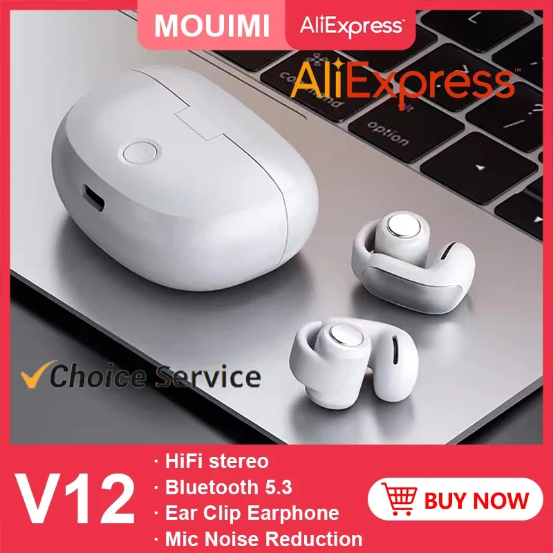 MOUIMI New V12 Open Earphone Wireless Bluetooth Headset HiFi Stereo HD Mic Call Earbuds Sports Gaming Ear Clip Headphones 350mAh