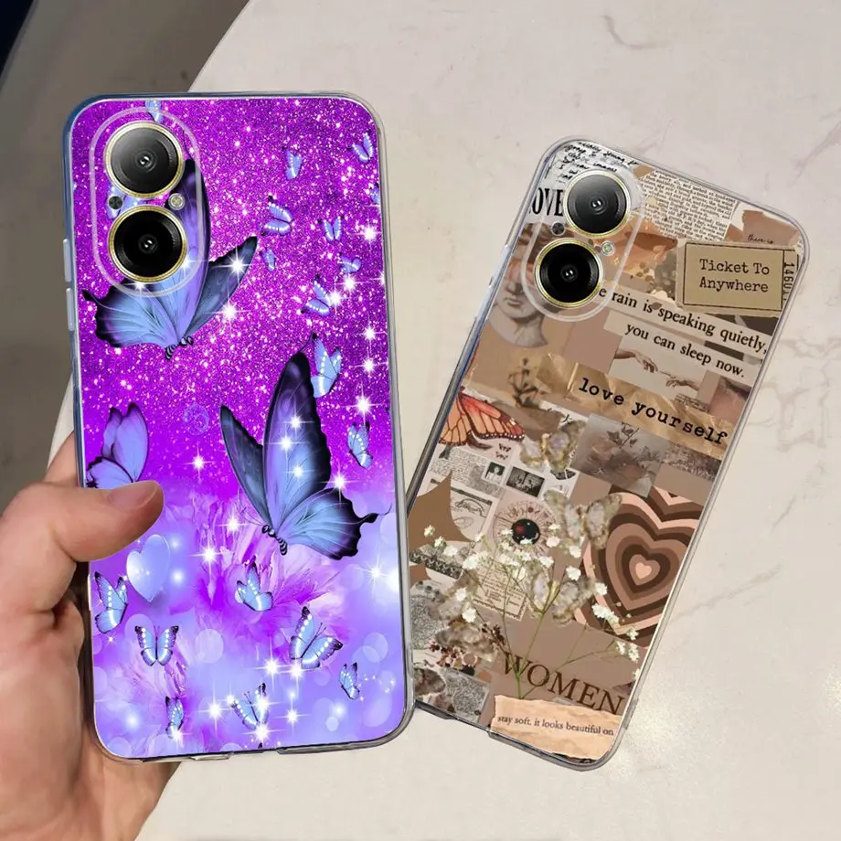 For Realme C67 4G 5G Phone Case Transparent Soft TPU Rubber Cover Lovely Cat Beauty Butterfly Flower Capa For Realme C67 RMX3890