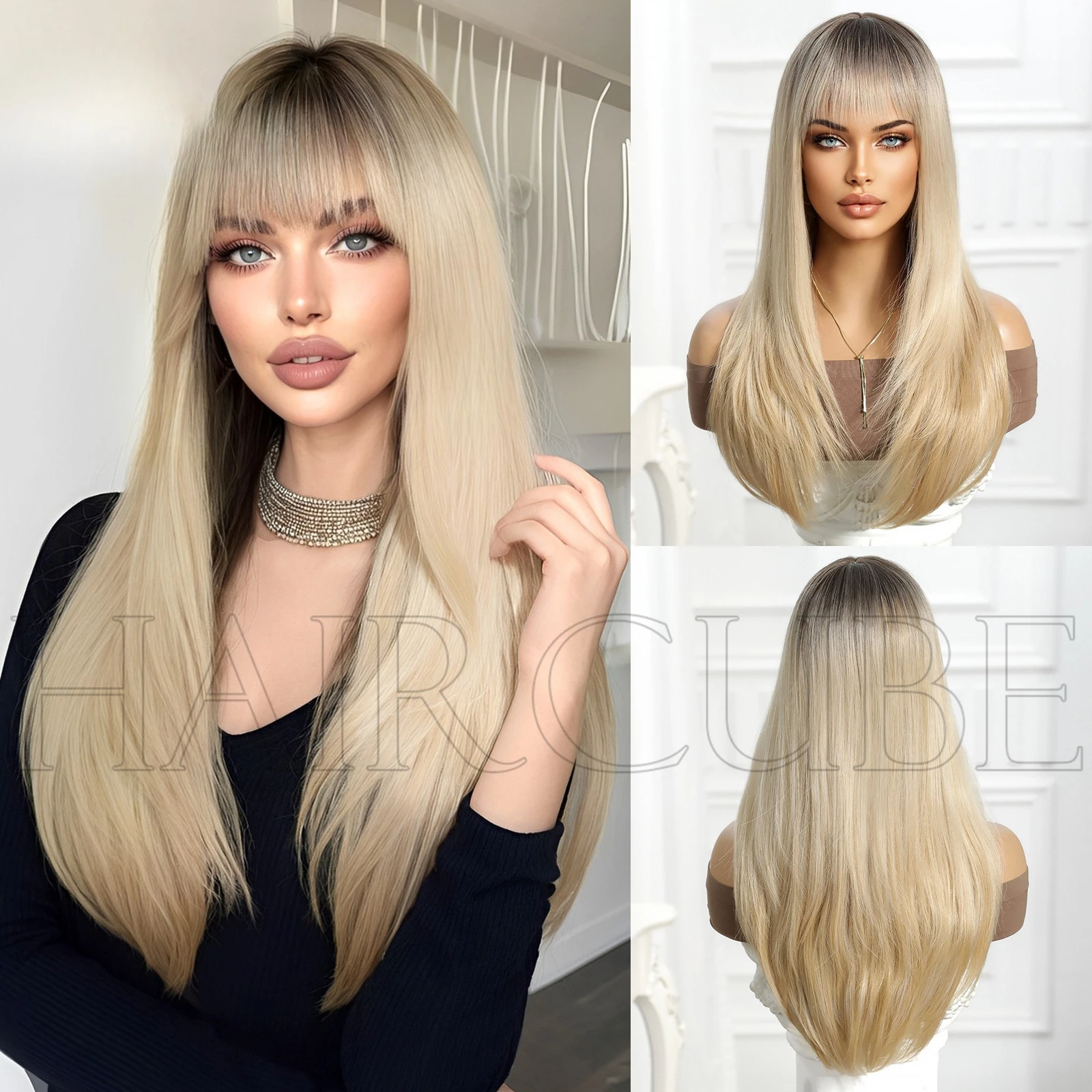 

Chemical fiber wig long straight hair Qi bangs gradual change dyeing level wig gold full head type headgear Europe and America
