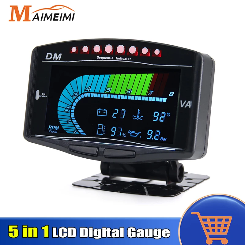 

5 in 1 12V Car LCD Digital Gauge Tachometer + Oil Pressure Gauge + Volt Voltmeter+Water Temperature Gauge+Fuel Gauge with Sensor