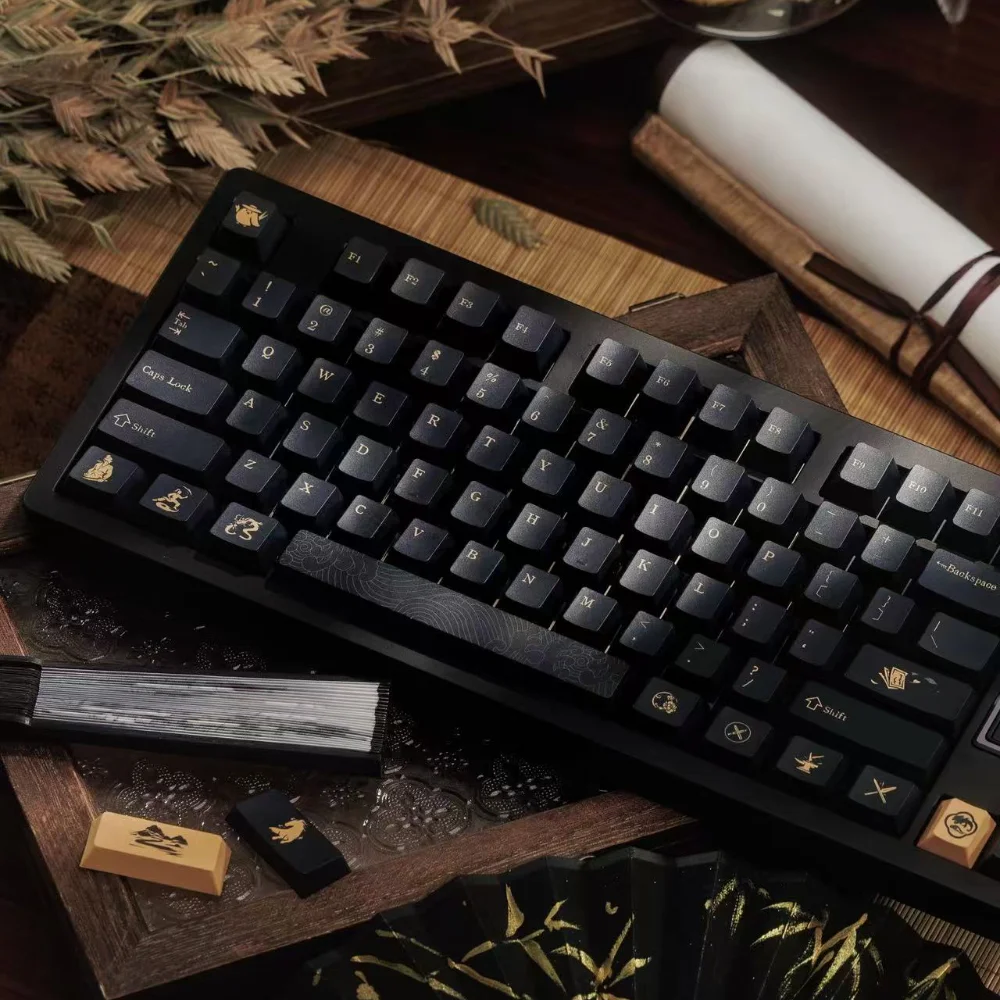 

142 клавиши в китайском стиле, черное золото, колпачки для клавиш с вишневым профилем, сублимационная краска из ПБТ, колпачки для механической клавиатуры MX 61, 77, 89, 104