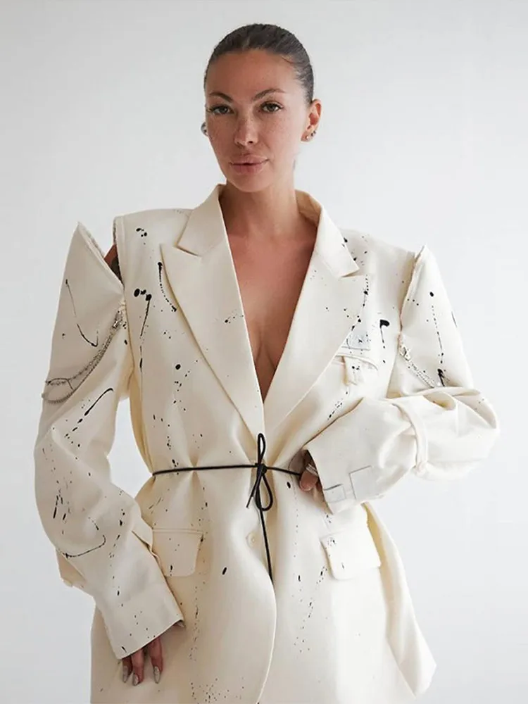 

Graffiti Off Shoulder Suit Jacket Coat Printed Long Sleeve Silhouette Deep V Satin Texture Drape Women Suits Outwear Commute Top