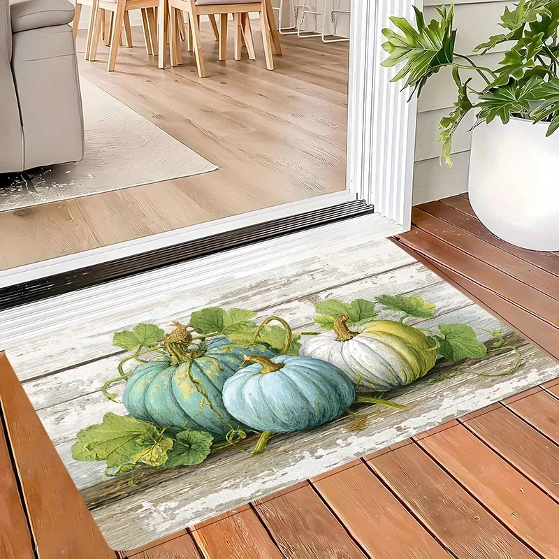 Autumn Harvest Mat Green Pumpkin Wood Grain Area Rugs Living Room Thanksgiving Decor Farmhouse Porch Entrance Floor Doormat