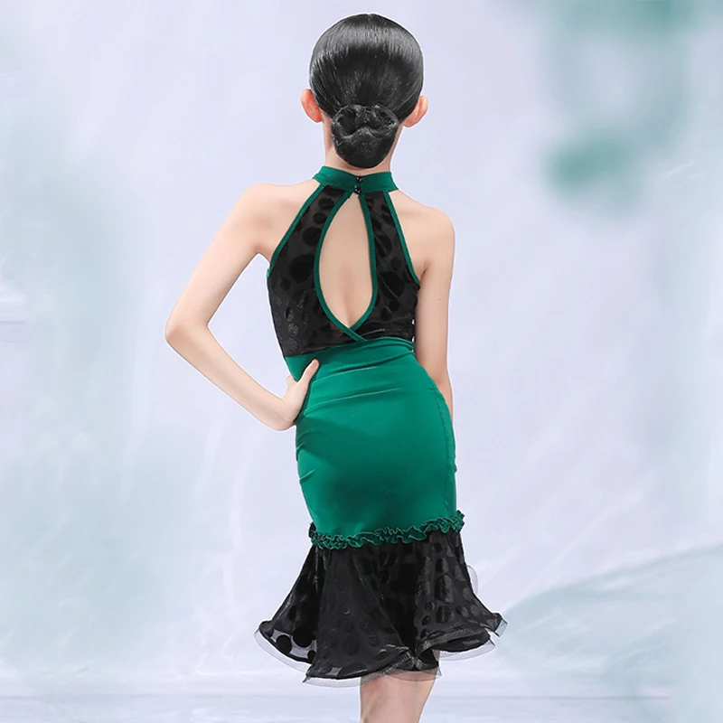 2022 Girls Latin Dance Dress Summer Latin Dance Wear Green Lace Latin Competition Dress Cha Cha Samba Practice Clothes BL8390