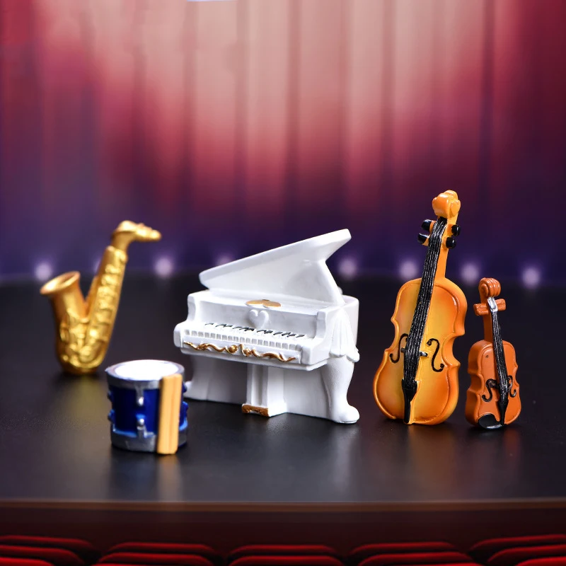 Simulation Musical Instruments Mini Piano Saxophone Pipa Erhu Violin Guitar Micro Landscape Music Theme Cake Decoration Ornament