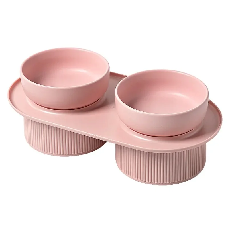 Ceramic Cat Dog Bowl Pet Puppy Feeder Drinker Elevated Raised Holder White Pink Bowls Double for Cats Dogs Kitten Feeding Water