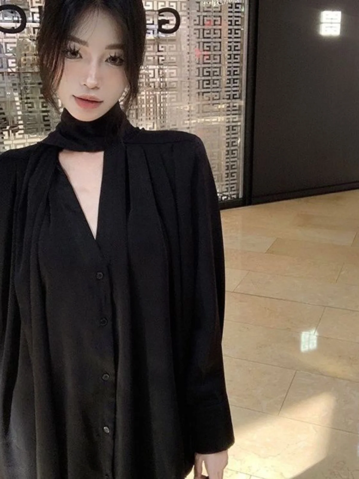 Camisas de manga comprida femininas cetim botão para baixo topos lanterna mangas neutra estilo namorado ajuste relaxado primavera confortável diariamente